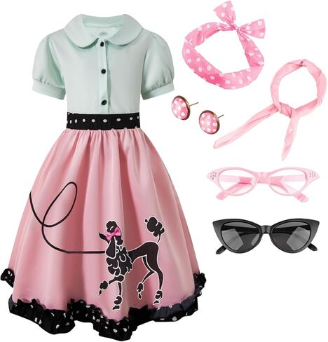 Yruiz Halloween Girls 50s Costume Outfit Dress Poodle Skirt Party Accessories in Saudi Arabia