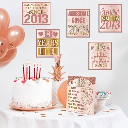Sweet 13th Birthday Decorations for Girls, 9Pcs Pink Rose Gold 2013 Birthday Banner Signs for Walls Doors Windows Yard Garden Party Supplies, 13 Years Old Bday Table Toppers Photo Props Decor in Saudi Arabia