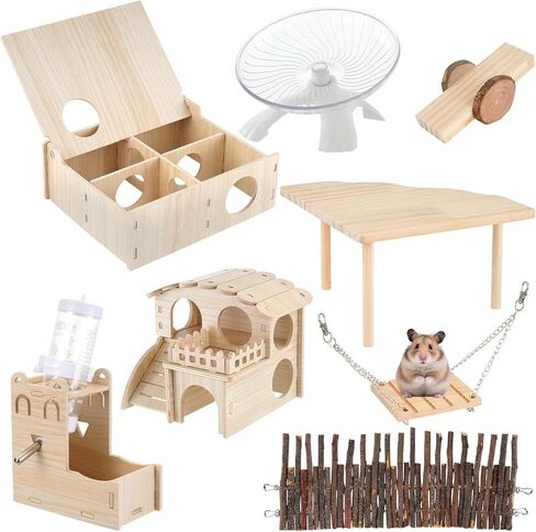 Hamster Toys Complete Set - Noiseless Silent Exercise Wheel, Maze Wood House, Stand, Chew Toys & Water Bottle Cage Accessories for Hamster, Rat, Mice Small Animal Habitat in Saudi Arabia
