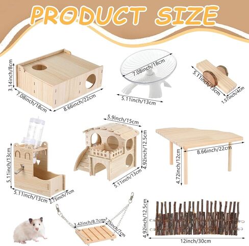 Hamster Toys Complete Set - Noiseless Silent Exercise Wheel, Maze Wood House, Stand, Chew Toys & Water Bottle Cage Accessories for Hamster, Rat, Mice Small Animal Habitat in Saudi Arabia