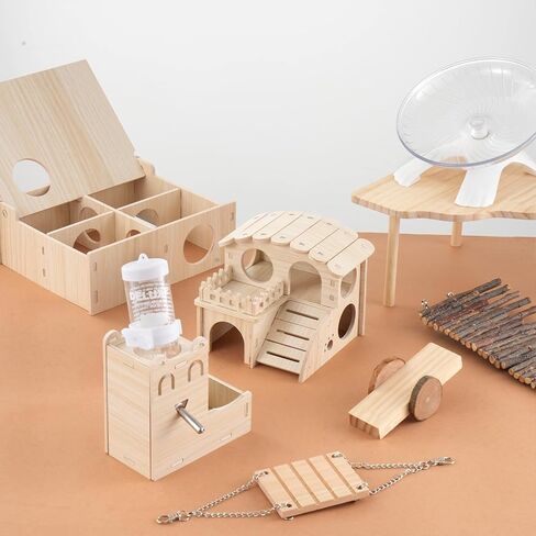 Hamster Toys Complete Set - Noiseless Silent Exercise Wheel, Maze Wood House, Stand, Chew Toys & Water Bottle Cage Accessories for Hamster, Rat, Mice Small Animal Habitat in Saudi Arabia