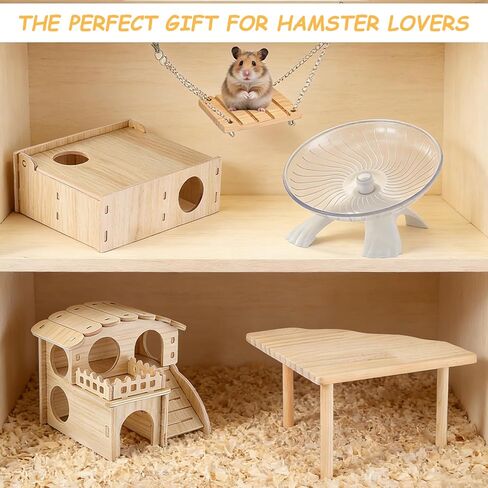 Hamster Toys Complete Set - Noiseless Silent Exercise Wheel, Maze Wood House, Stand, Chew Toys & Water Bottle Cage Accessories for Hamster, Rat, Mice Small Animal Habitat in Saudi Arabia