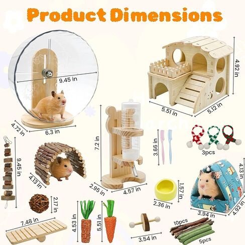32 Pcs Hamster Cage Accessories, Silent Hamster Wheel, 22 Chew Toys Set, Wooden Hideout, Fleece House, Water Bottle Set, Ceramic Food Bowl for Rat Mice Small Animals Habitat Decor in Kuwait
