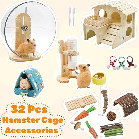 32 Pcs Hamster Cage Accessories, Silent Hamster Wheel, 22 Chew Toys Set, Wooden Hideout, Fleece House, Water Bottle Set, Ceramic Food Bowl for Rat Mice Small Animals Habitat Decor in Kuwait