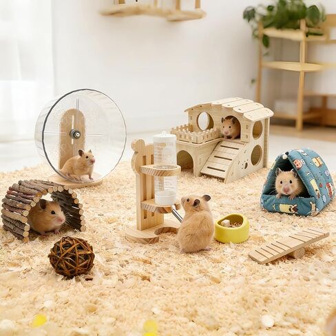 32 Pcs Hamster Cage Accessories, Silent Hamster Wheel, 22 Chew Toys Set, Wooden Hideout, Fleece House, Water Bottle Set, Ceramic Food Bowl for Rat Mice Small Animals Habitat Decor in Kuwait