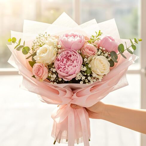 70 Sheets Flower Wrapping Paper, Cotton Wrapping Flower Paper Withdrawable Pleated Bouquet Wrap, 11"x 11" Waterproof Non-Woven Fabric for Fresh Flowers Gift Packaging Florist Supplies (Beige, Pink) in Saudi Arabia