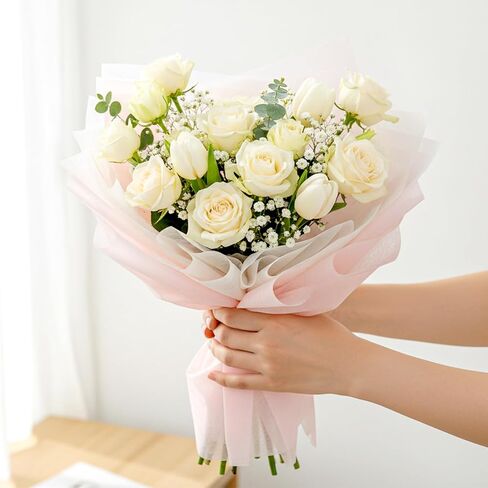70 Sheets Flower Wrapping Paper, Cotton Wrapping Flower Paper Withdrawable Pleated Bouquet Wrap, 11"x 11" Waterproof Non-Woven Fabric for Fresh Flowers Gift Packaging Florist Supplies (Beige, Pink) in Saudi Arabia
