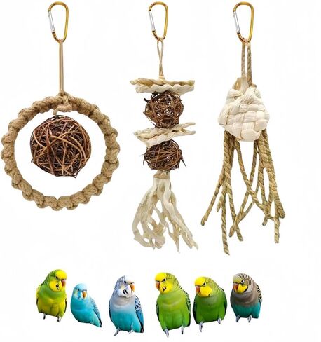 DEYUSHI 3 Pack Natural Straw Rope Hanging Bird Toys Bird Chew Shred Foraging Toys Parakeet Toys Parrot Toys Conure Cockatiel Budgie Lovebird Bird Cage Accessories in Saudi Arabia