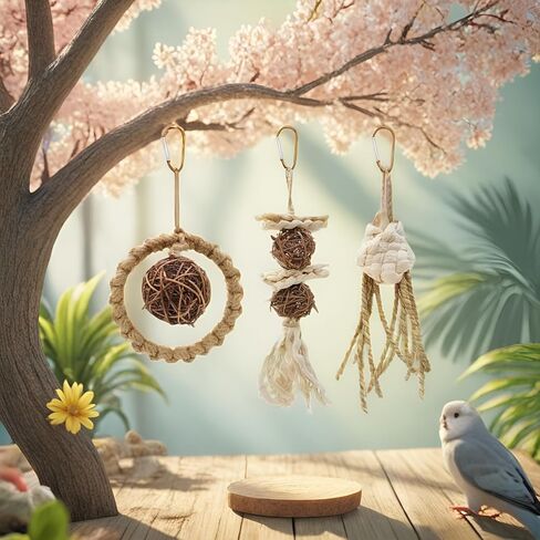 DEYUSHI 3 Pack Natural Straw Rope Hanging Bird Toys Bird Chew Shred Foraging Toys Parakeet Toys Parrot Toys Conure Cockatiel Budgie Lovebird Bird Cage Accessories in Saudi Arabia