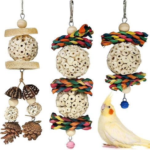 BNOSDM Hanging Bird Toy Sola Balls 3PCS Parrot Shredder Balls Natural Parakeet Foraging Toy Wood Bird Cage Chew Toys for Cockatiel, Budgie, Sun Conure, Quakers, Lovebirds (A) in Saudi Arabia