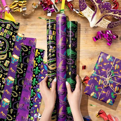 12 ورقة من ورق تغليف ماردي غرا تنكر - 6 ورق فني بتصميم كرنفال، 20 بوصة × 27 بوصة مستلزمات تغليف هدايا مسطحة مطوية لهدايا أعياد الميلاد، استحمام الطفل، الحرف اليدوية، هدايا العطلات، ديكور الحفلات in Kuwait