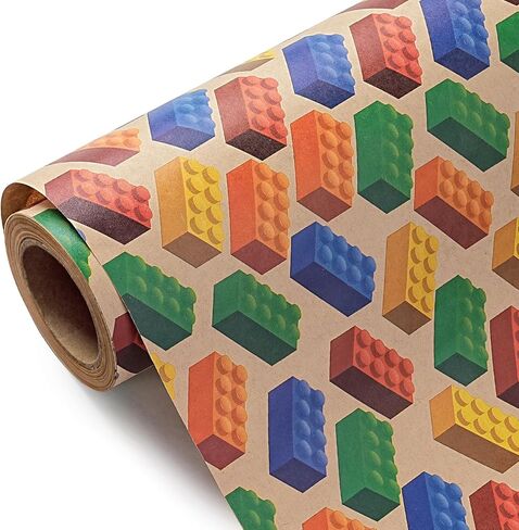 WRAPAHOLIC Kraft Building Blocks Wrapping Paper Roll - Mini Roll - 17 Inch x 16.5 Feet - Colorful Building Bricks Wrapping Paper Perfect for Boys Girls Kids Birthday, Baby Shower, Toy Lovers in Saudi Arabia
