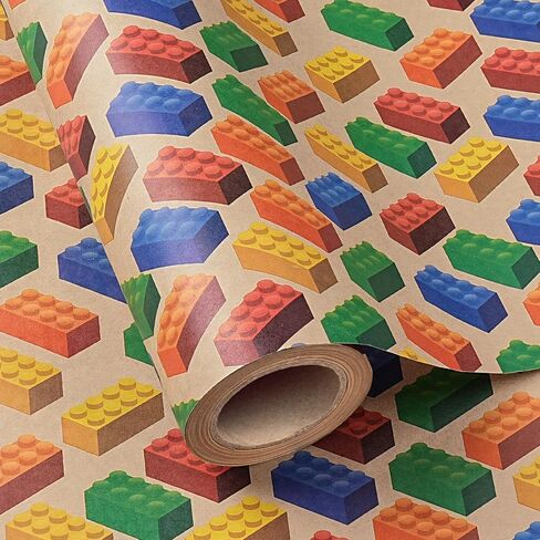 WRAPAHOLIC Kraft Building Blocks Wrapping Paper Roll - Mini Roll - 17 Inch x 16.5 Feet - Colorful Building Bricks Wrapping Paper Perfect for Boys Girls Kids Birthday, Baby Shower, Toy Lovers in Saudi Arabia