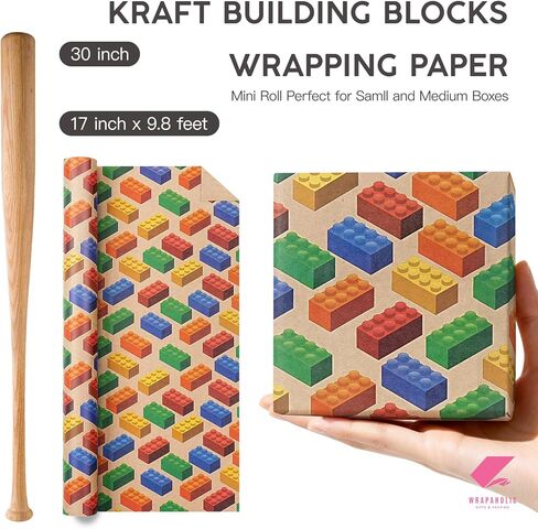WRAPAHOLIC Kraft Building Blocks Wrapping Paper Roll - Mini Roll - 17 Inch x 16.5 Feet - Colorful Building Bricks Wrapping Paper Perfect for Boys Girls Kids Birthday, Baby Shower, Toy Lovers in Saudi Arabia