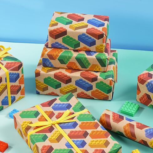 WRAPAHOLIC Kraft Building Blocks Wrapping Paper Roll - Mini Roll - 17 Inch x 16.5 Feet - Colorful Building Bricks Wrapping Paper Perfect for Boys Girls Kids Birthday, Baby Shower, Toy Lovers in Saudi Arabia