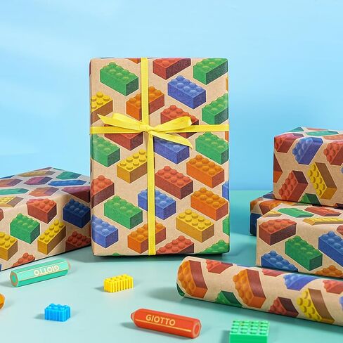 WRAPAHOLIC Kraft Building Blocks Wrapping Paper Roll - Mini Roll - 17 Inch x 16.5 Feet - Colorful Building Bricks Wrapping Paper Perfect for Boys Girls Kids Birthday, Baby Shower, Toy Lovers in Saudi Arabia