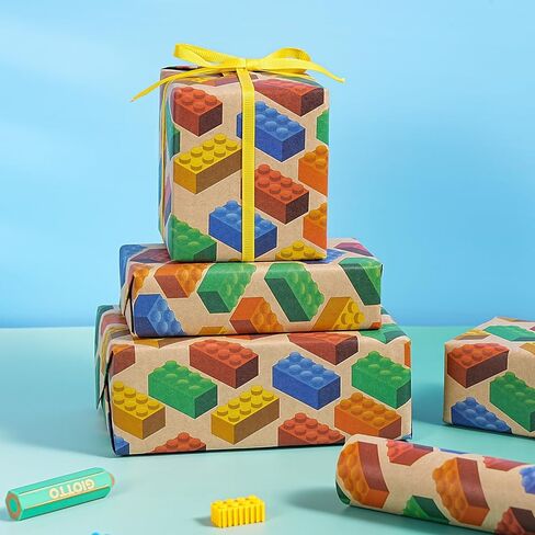 WRAPAHOLIC Kraft Building Blocks Wrapping Paper Roll - Mini Roll - 17 Inch x 16.5 Feet - Colorful Building Bricks Wrapping Paper Perfect for Boys Girls Kids Birthday, Baby Shower, Toy Lovers in Saudi Arabia