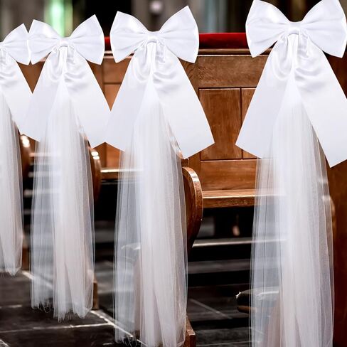 12 Pcs Large White Wedding Pew Bows 15.7 x 7.9 in Satin Bow with 98.5ft Fabric Tulle Church Chair Aisle Decor for Wedding Dress Bowknot Bridal Shower Reception Birthday (Flat Bow) in Saudi Arabia