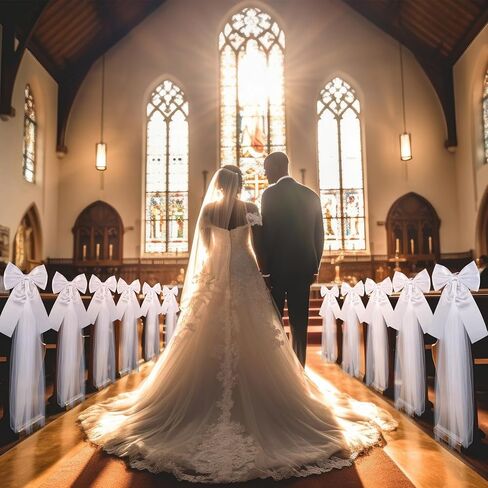 12 Pcs Large White Wedding Pew Bows 15.7 x 7.9 in Satin Bow with 98.5ft Fabric Tulle Church Chair Aisle Decor for Wedding Dress Bowknot Bridal Shower Reception Birthday (Flat Bow) in Saudi Arabia