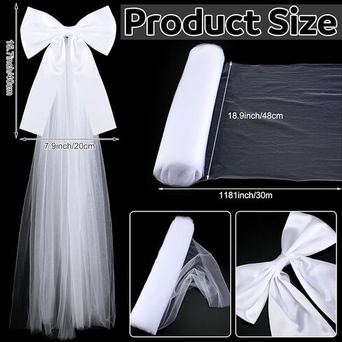 12 Pcs Large White Wedding Pew Bows 15.7 x 7.9 in Satin Bow with 98.5ft Fabric Tulle Church Chair Aisle Decor for Wedding Dress Bowknot Bridal Shower Reception Birthday (Flat Bow) in Saudi Arabia