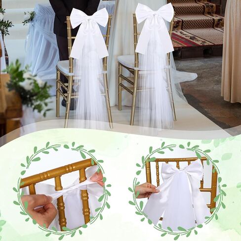 12 Pcs Large White Wedding Pew Bows 15.7 x 7.9 in Satin Bow with 98.5ft Fabric Tulle Church Chair Aisle Decor for Wedding Dress Bowknot Bridal Shower Reception Birthday (Flat Bow) in Saudi Arabia