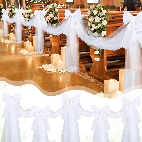12 Pcs Large White Wedding Pew Bows 15.7 x 7.9 in Satin Bow with 98.5ft Fabric Tulle Church Chair Aisle Decor for Wedding Dress Bowknot Bridal Shower Reception Birthday (Flat Bow) in Saudi Arabia