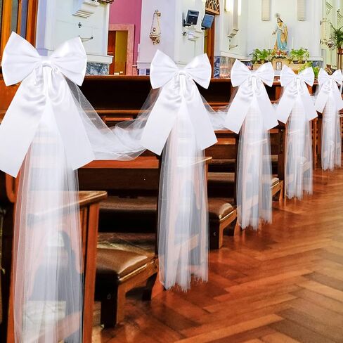 12 Pcs Large White Wedding Pew Bows 15.7 x 7.9 in Satin Bow with 98.5ft Fabric Tulle Church Chair Aisle Decor for Wedding Dress Bowknot Bridal Shower Reception Birthday (Flat Bow) in Saudi Arabia