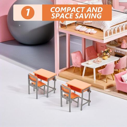 4 Sets Dollhouse Desk Chair Set School Model Mini Schoolbags Miniature School Furniture Set for Collectors Decor in Saudi Arabia