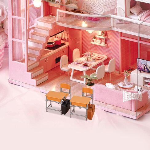 4 Sets Dollhouse Desk Chair Set School Model Mini Schoolbags Miniature School Furniture Set for Collectors Decor in Saudi Arabia
