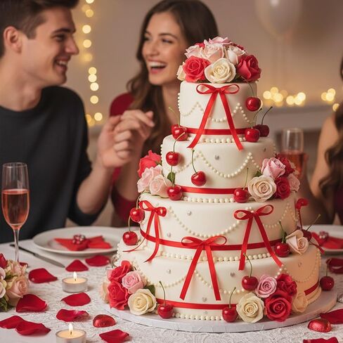 مجموعة زينة عيد ميلاد الكرز مكونة من 40 قطعة - كرز مزيف نابض بالحياة وأقواس حمراء لحفلات الزفاف، وحفلات استقبال المولود الجديد، وكعك حفلات أعياد الميلاد | أغطية علوية آمنة للطعام وغير صالحة للأكل لتزيين الحلوى بنفسك in Saudi Arabia