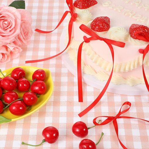 مجموعة زينة عيد ميلاد الكرز مكونة من 40 قطعة - كرز مزيف نابض بالحياة وأقواس حمراء لحفلات الزفاف، وحفلات استقبال المولود الجديد، وكعك حفلات أعياد الميلاد | أغطية علوية آمنة للطعام وغير صالحة للأكل لتزيين الحلوى بنفسك in Saudi Arabia