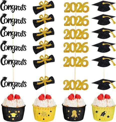 Chinco 100 Pack 2026 Graduation Cupcake Toppers Glitter Grad Cap Food Appetizer Picks Cake Caps Party Decorations Diploma Cupcake Picks for Cake Class of 2026 Graduation Party (Black and Gold) in Saudi Arabia