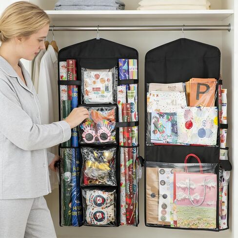 Christmas Wrapping Paper Organizer Storage, Hanging Gift Bag Storage Organizer, Double-Sided Wrapping Paper Holder Storage - Black in Saudi Arabia