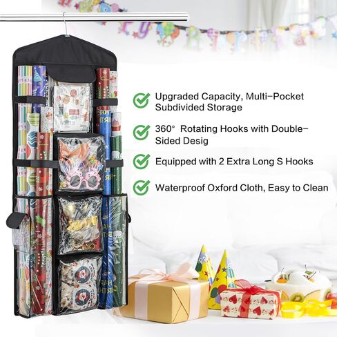 Christmas Wrapping Paper Organizer Storage, Hanging Gift Bag Storage Organizer, Double-Sided Wrapping Paper Holder Storage - Black in Saudi Arabia