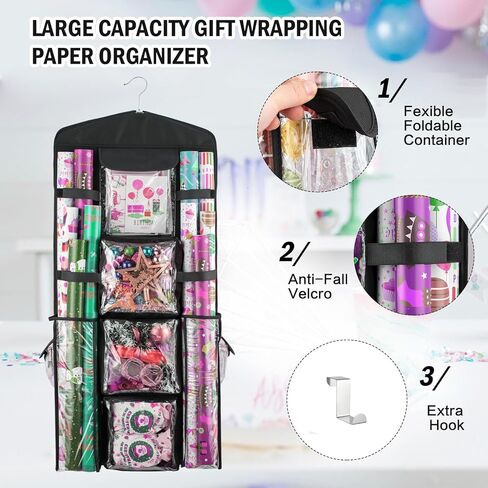 Christmas Wrapping Paper Organizer Storage, Hanging Gift Bag Storage Organizer, Double-Sided Wrapping Paper Holder Storage - Black in Saudi Arabia