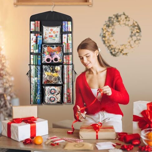 Christmas Wrapping Paper Organizer Storage, Hanging Gift Bag Storage Organizer, Double-Sided Wrapping Paper Holder Storage - Black in Saudi Arabia