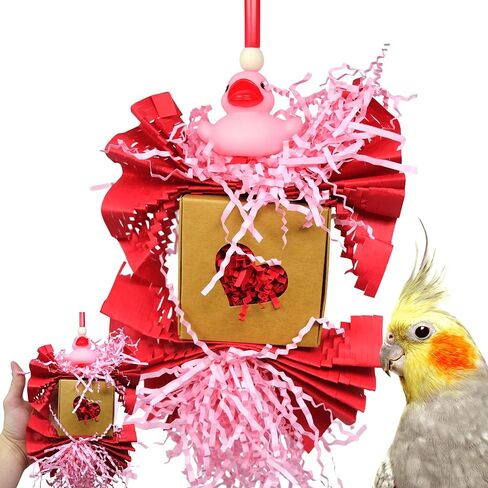 1004 Love Duck Bird Toy – Valentine's Day Foraging Toy with Rubber Ducky, Shreddable Pink Paper, and Heart-Themed Cardboard for Cockatiels, Parakeets, Conures – 9" H x 6" W – Easy to Hang, USA Made in Saudi Arabia