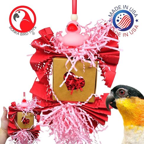 1004 Love Duck Bird Toy – Valentine's Day Foraging Toy with Rubber Ducky, Shreddable Pink Paper, and Heart-Themed Cardboard for Cockatiels, Parakeets, Conures – 9" H x 6" W – Easy to Hang, USA Made in Saudi Arabia