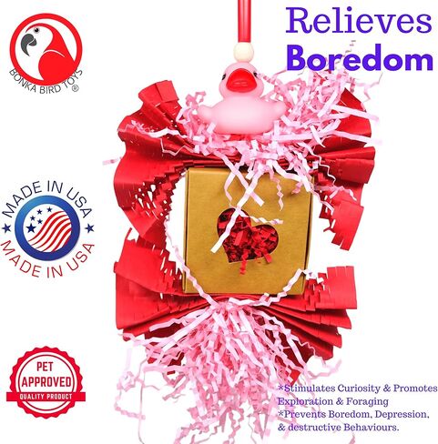1004 Love Duck Bird Toy – Valentine's Day Foraging Toy with Rubber Ducky, Shreddable Pink Paper, and Heart-Themed Cardboard for Cockatiels, Parakeets, Conures – 9" H x 6" W – Easy to Hang, USA Made in Saudi Arabia