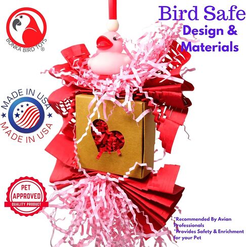 1004 Love Duck Bird Toy – Valentine's Day Foraging Toy with Rubber Ducky, Shreddable Pink Paper, and Heart-Themed Cardboard for Cockatiels, Parakeets, Conures – 9" H x 6" W – Easy to Hang, USA Made in Saudi Arabia