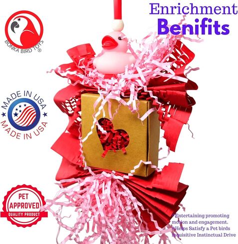 1004 Love Duck Bird Toy – Valentine's Day Foraging Toy with Rubber Ducky, Shreddable Pink Paper, and Heart-Themed Cardboard for Cockatiels, Parakeets, Conures – 9" H x 6" W – Easy to Hang, USA Made in Saudi Arabia
