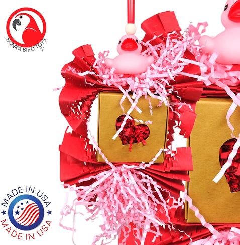 1004 Love Duck Bird Toy – Valentine's Day Foraging Toy with Rubber Ducky, Shreddable Pink Paper, and Heart-Themed Cardboard for Cockatiels, Parakeets, Conures – 9" H x 6" W – Easy to Hang, USA Made in Saudi Arabia