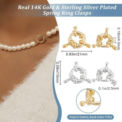 Beebeecraft 1 Box 10Pcs Round Spring Clasps 14K Gold & 925 Sterling Silver Plated Lobster Clasp with Close Rings Necklace Link Connector Charms Open Trigger Jewelry Findings for Necklaces Bracelets in Saudi Arabia