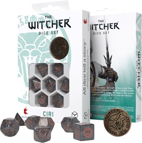 The Witcher Dice Set: Ciri – Elder Blood by Q Workshop | 7 Polyhedral Dice & Metal Coin | Shimmering Gray with Copper Engravings | Officially Licensed Tabletop RPG Set in Saudi Arabia