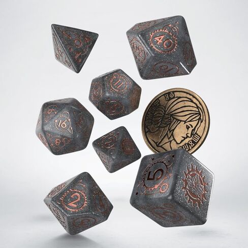 The Witcher Dice Set: Ciri – Elder Blood by Q Workshop | 7 Polyhedral Dice & Metal Coin | Shimmering Gray with Copper Engravings | Officially Licensed Tabletop RPG Set in Saudi Arabia
