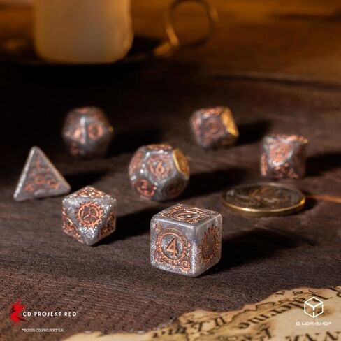 The Witcher Dice Set: Ciri – Elder Blood by Q Workshop | 7 Polyhedral Dice & Metal Coin | Shimmering Gray with Copper Engravings | Officially Licensed Tabletop RPG Set in Saudi Arabia