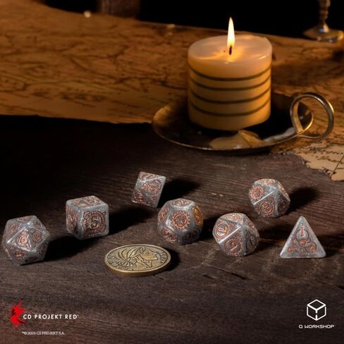 The Witcher Dice Set: Ciri – Elder Blood by Q Workshop | 7 Polyhedral Dice & Metal Coin | Shimmering Gray with Copper Engravings | Officially Licensed Tabletop RPG Set in Saudi Arabia