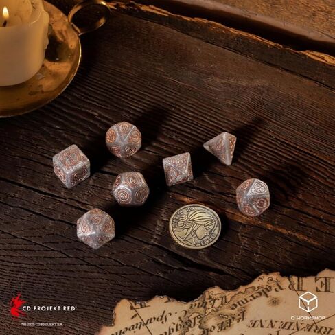 The Witcher Dice Set: Ciri – Elder Blood by Q Workshop | 7 Polyhedral Dice & Metal Coin | Shimmering Gray with Copper Engravings | Officially Licensed Tabletop RPG Set in Saudi Arabia