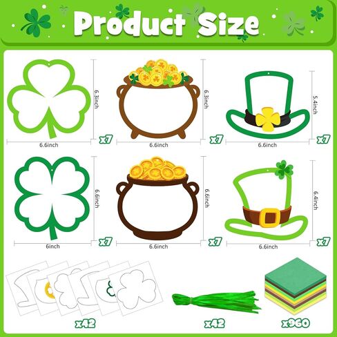 42 عبوة من الحرف اليدوية لعيد القديس باتريك للأطفال، وعاء شامروك من الذهب وقبعة الجني الذهبية، مجموعة مناديل ورقية فنية هدية للأنشطة الصفية للعبة سانت باتريك الأيرلندية وديكور الحفلات in Kuwait