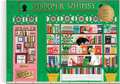 Galison Wisdom & Whimsy - أحجية الصور المقطوعة المكونة من 1000 قطعة من رقائق الفويل تتميز بعمل فني جميل لمشهد مكتبة in Kuwait